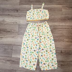 Midnight Sky 2 pc Set Womens Large Tropical Crop Top Pants Linen Blend wide leg